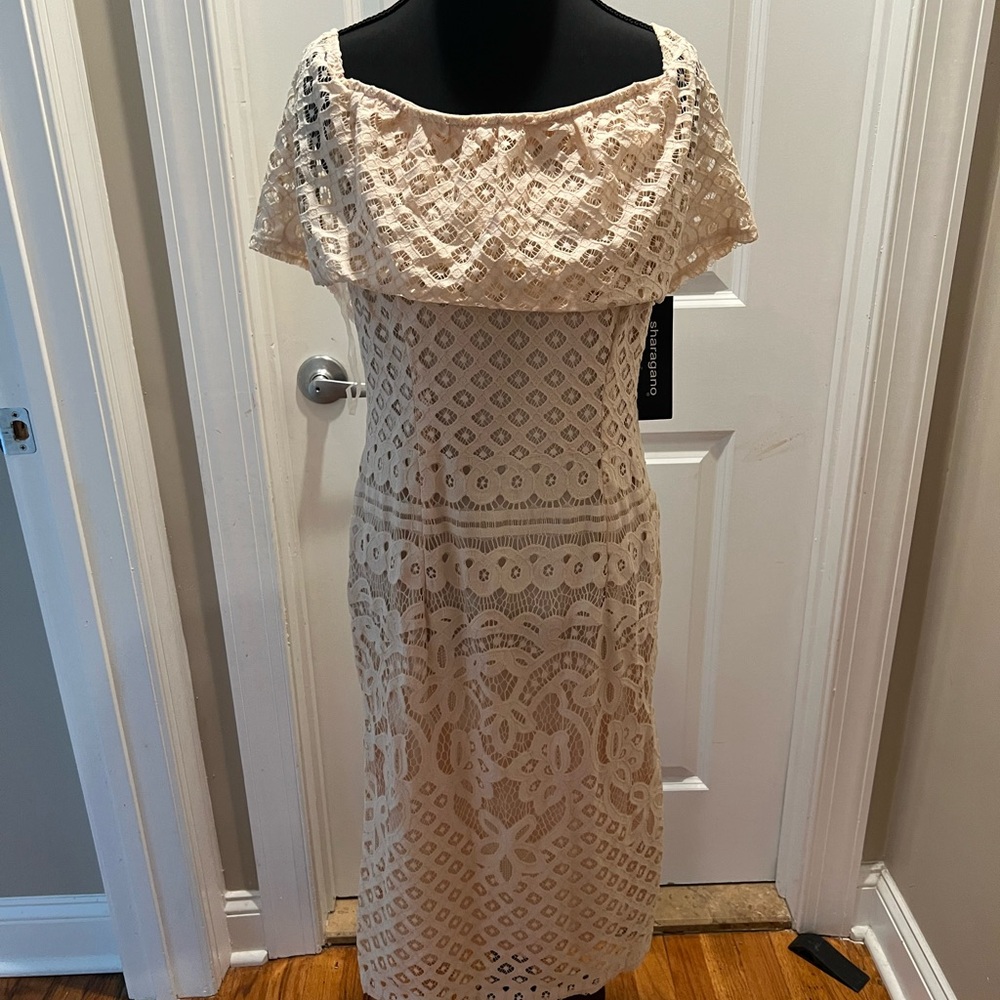 Sharagano Cream Pink Off-Shoulder Midi Dress
